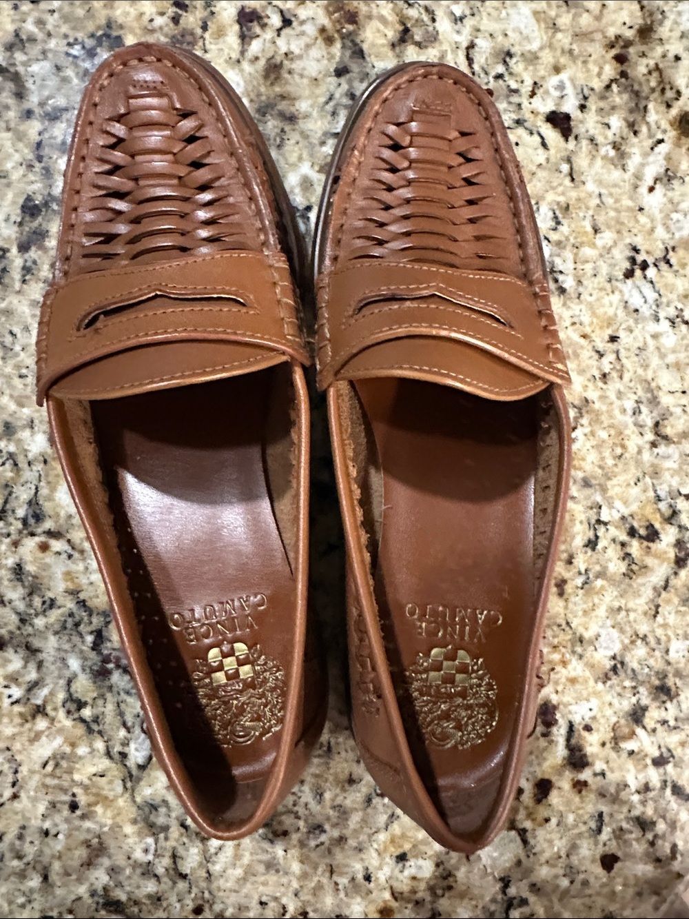 (NEW) Vince Camuto Women's Woven Penny Loafers in Cognac Brown
